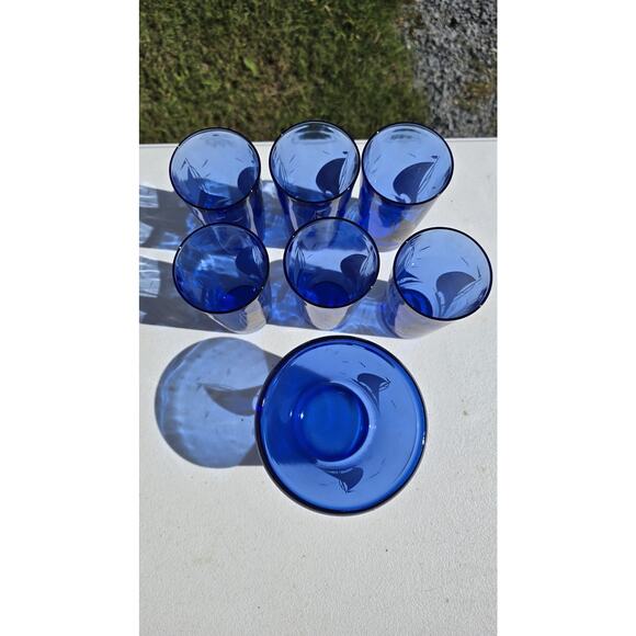 Hazel.Atlas Cobalt Blue Sailboat Set Ice Bucket and 6 Nautical Tumblers Coastal - Picture 6 of 7
